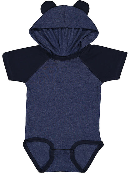 Fine Jersey Infant Short Sleeve Raglan Bodysuit with Hood & Ears - Vintage True Navy/Navy