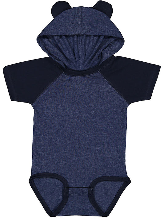 Fine Jersey Infant Short Sleeve Raglan Bodysuit with Hood & Ears - Vintage True Navy/Navy
