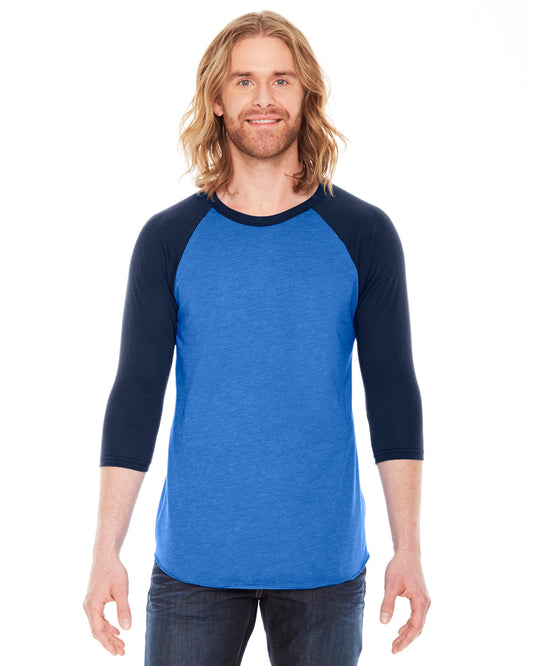 Unisex Poly-Cotton 3/4-Sleeve Raglan T-Shirt - Heather Lake Blue / Navy