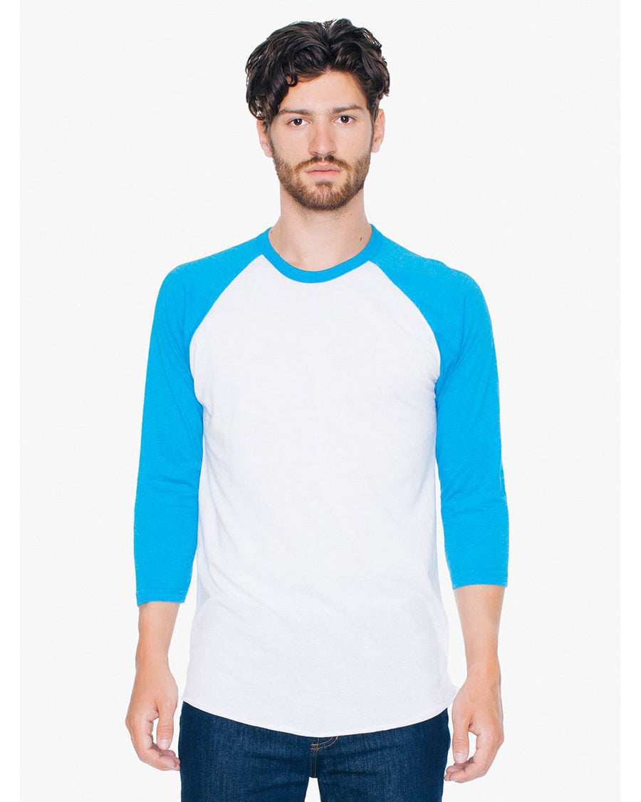 Unisex Poly-Cotton 3/4-Sleeve Raglan T-Shirt - White / Neon Heather Blue