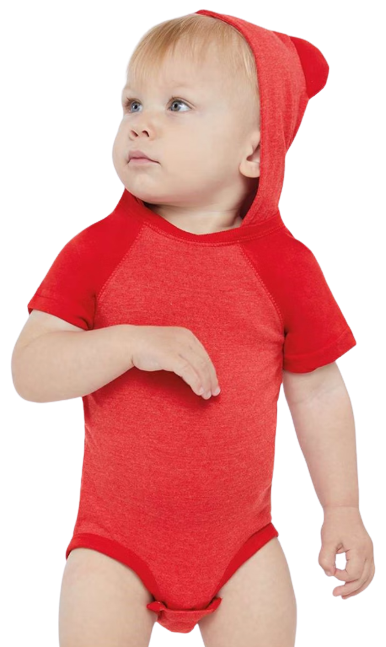 Fine Jersey Infant Short Sleeve Raglan Bodysuit with Hood & Ears - Vintage Red / Red