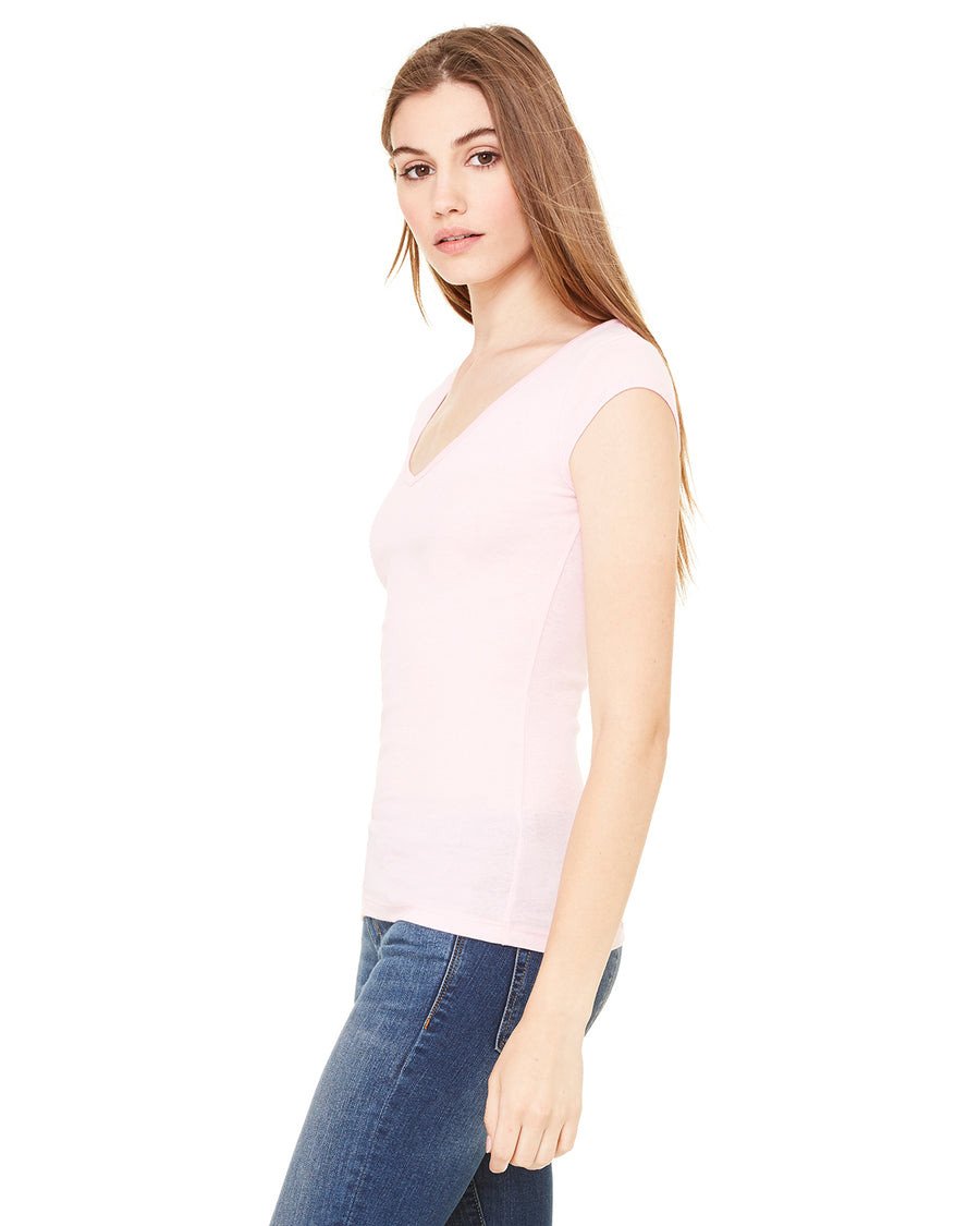 Women's Sheer Mini Rib Cap-Sleeve Deep V-Neck T-Shirt - Pink