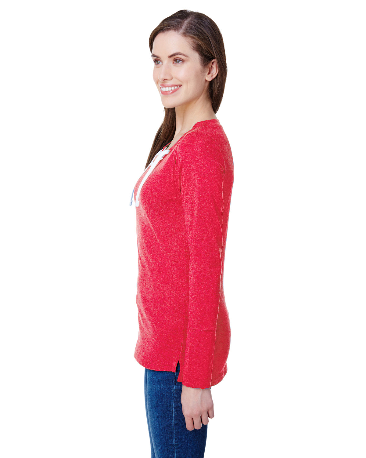 Women's Long Sleeve Fine Jersey Lace-Up T-Shirt - Vintage Red / White