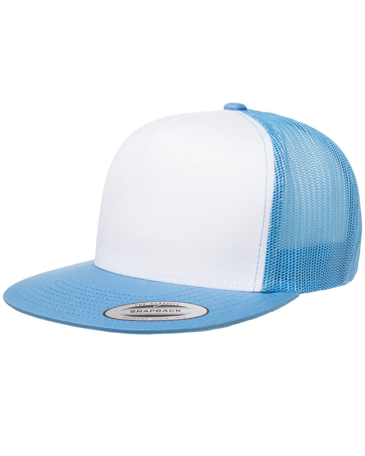 Unisex Classic Flat Bill Trucker with White Front Panel Cap - White / Carolina Blue