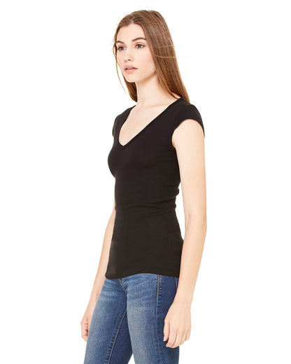 Women's Sheer Mini Rib Cap-Sleeve Deep V-Neck T-Shirt - Black