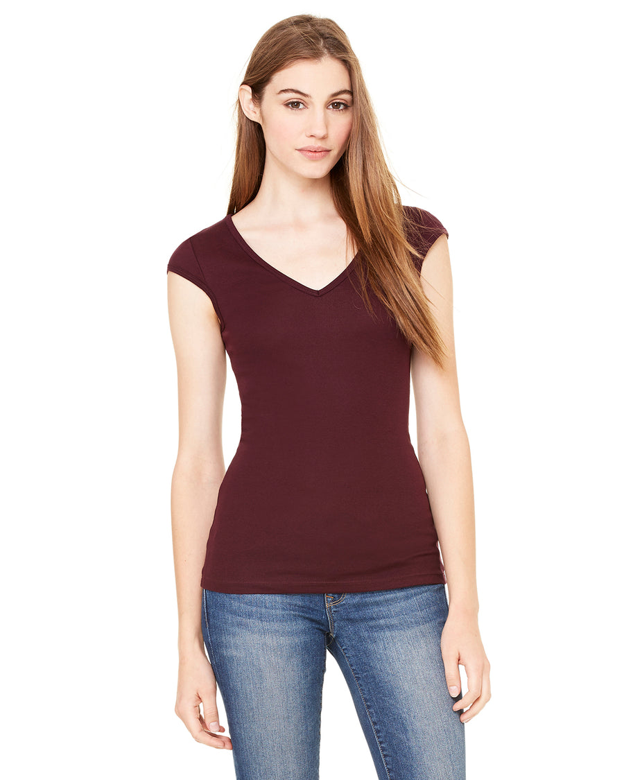 Women's Sheer Mini Rib Cap-Sleeve Deep V-Neck T-Shirt - Plum