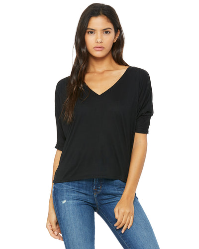 Women's Flowy Boxy Half-Sleeve V-Neck T-Shirt - Black