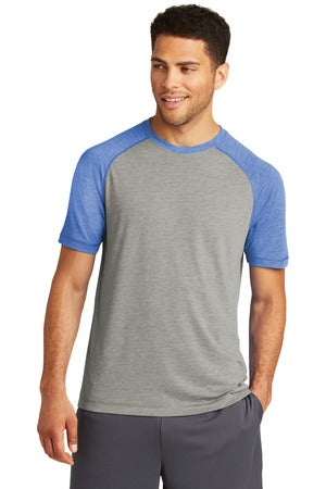 Unisex PosiCharge Tri-Blend Wicking Raglan Tee - True Royal Heather / Light Gray Heather
