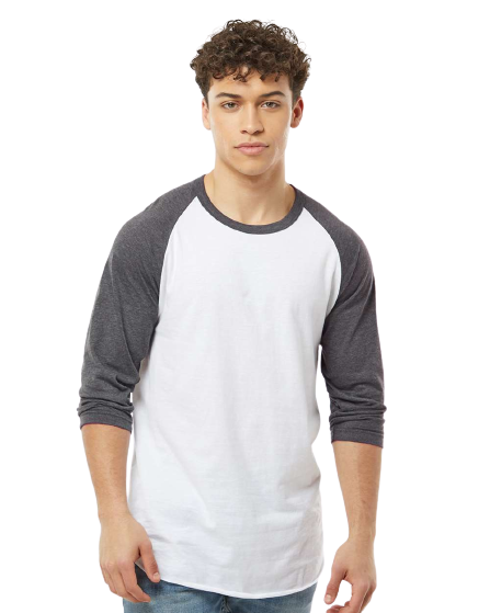 Unisex Fine Jersey Raglan Tee - White / Heather Charcoal
