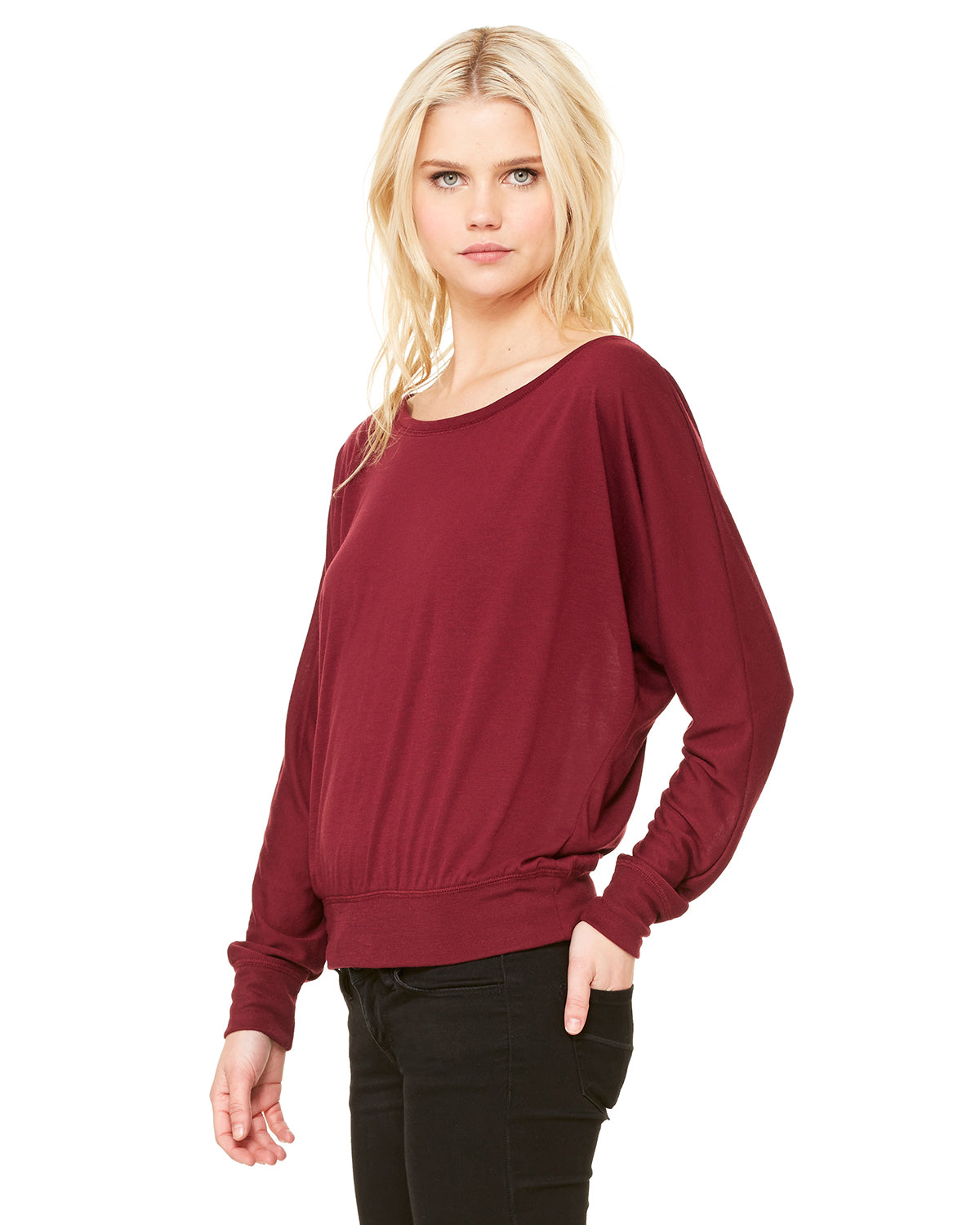 Women's Flowy Long-Sleeve Off Shoulder T-Shirt - Maroon
