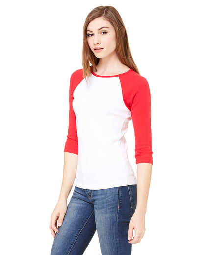 Women's Baby Rib 3/4-Sleeve Contrast Raglan T-Shirt - White / Red