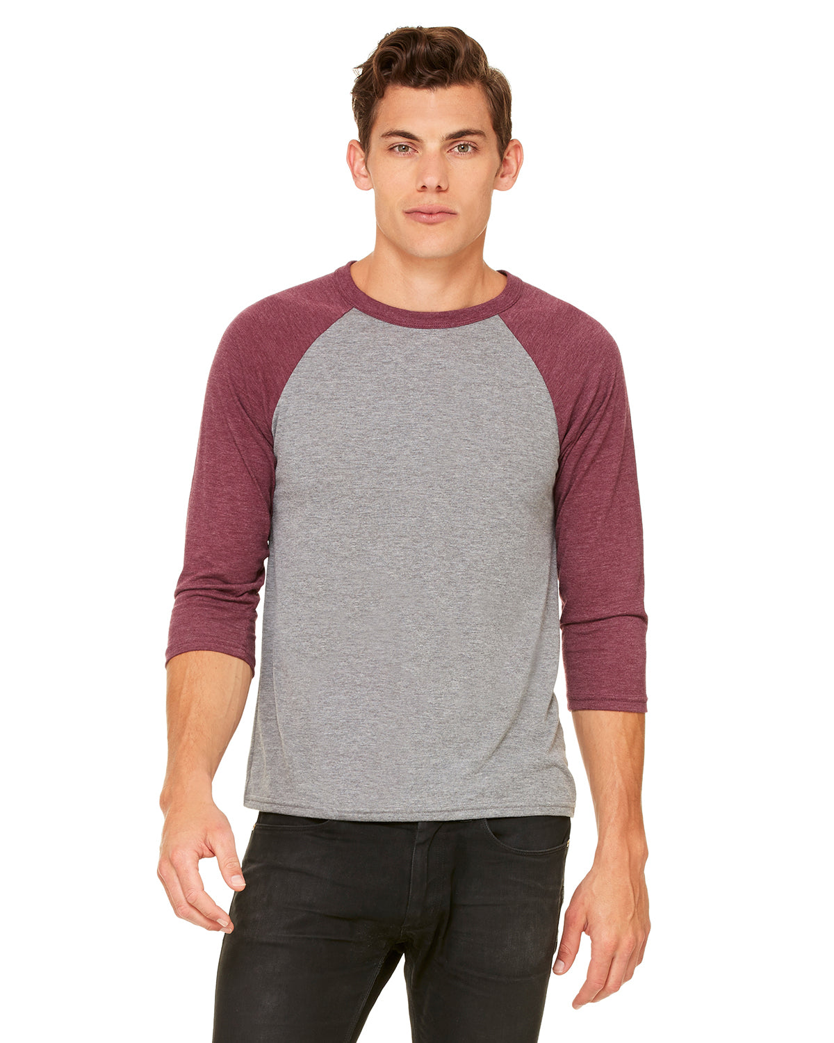 Unisex 3/4-Sleeve Baseball T-Shirt - Gray / Maroon Triblend