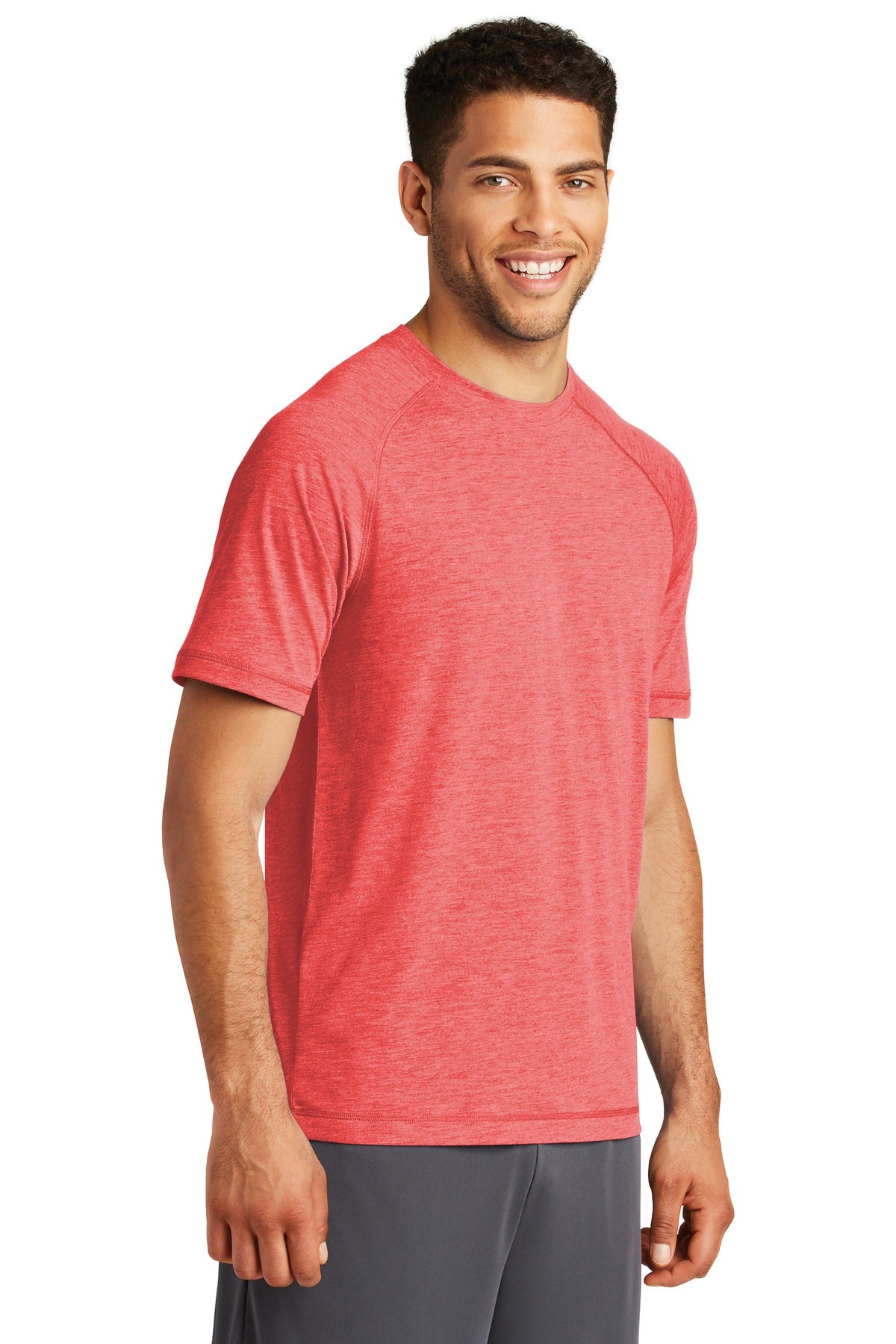 Unisex PosiCharge Tri-Blend Wicking Raglan Tee - True Red Heather / Light Gray Heather