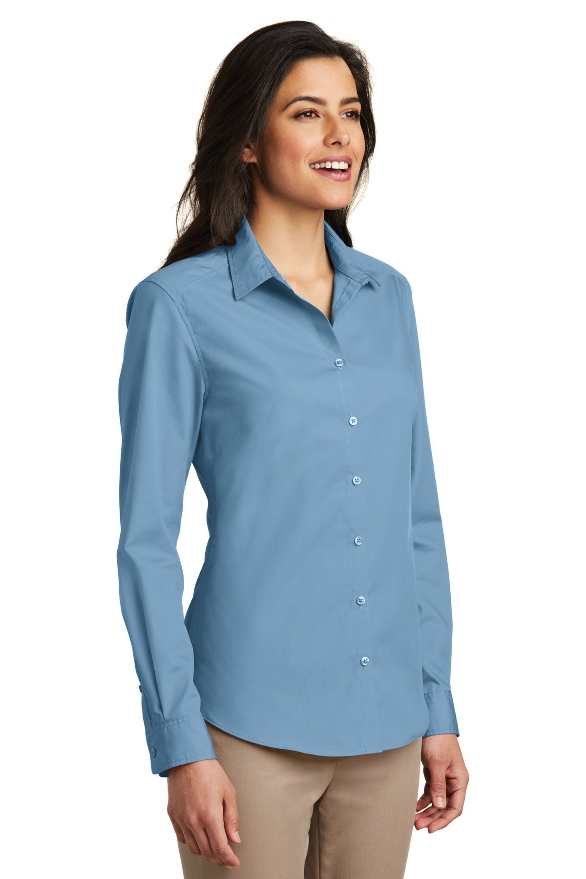 Women's Long Sleeve Carefree Poplin Shirt - Carolina Blue
