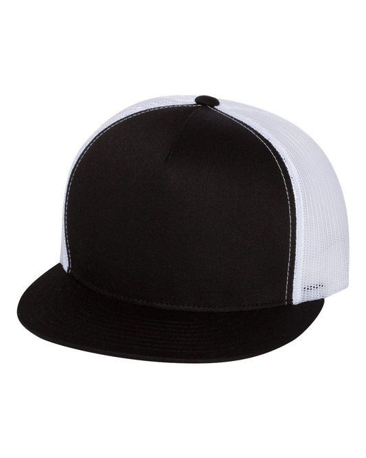 Unisex 5-Panel Flat Bill Trucker Cap - Black / White