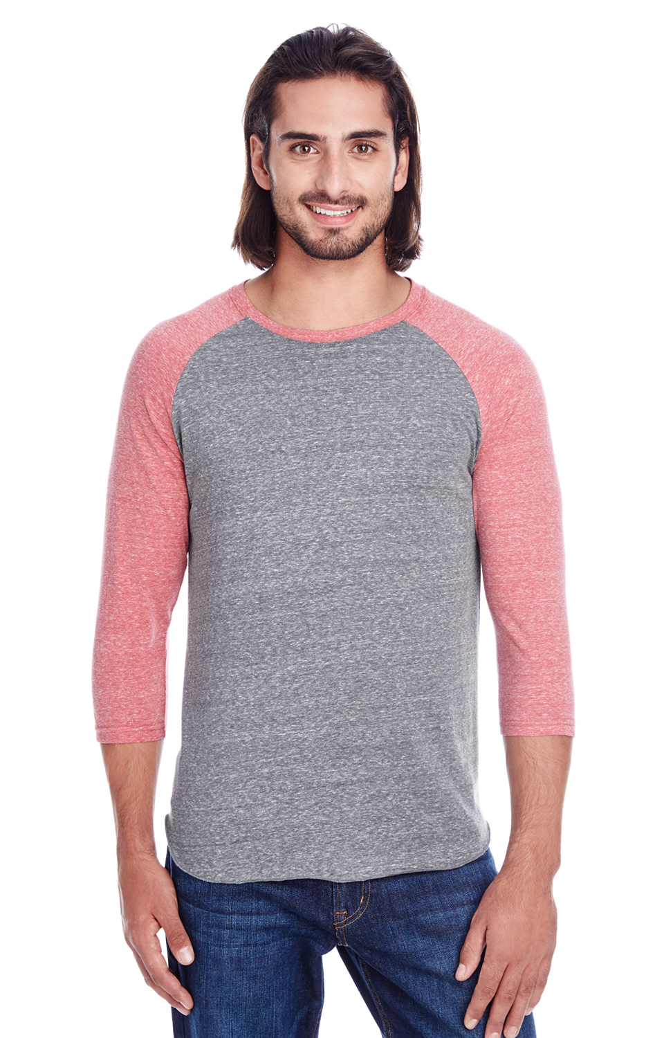 Unisex Triblend 3/4-Sleeve Raglan - Gray / Red Triblend