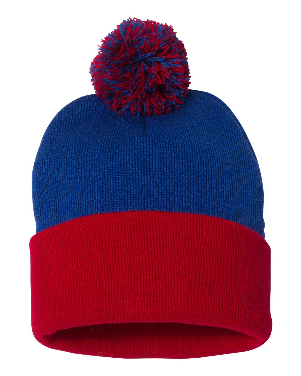 Pom-Pom 12" Knit Beanie - Royal / Red