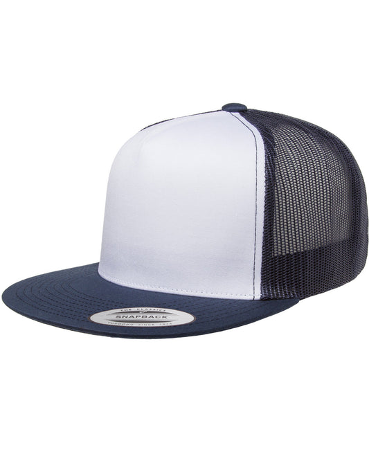 Unisex Classic Flat Bill Trucker with White Front Panel Cap - White / Navy