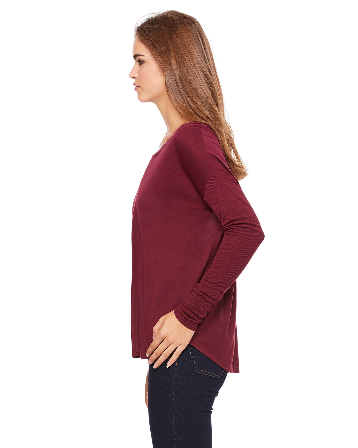 Women's Flowy Long-Sleeve T-Shirt with 2x1 Sleeves - Maroon