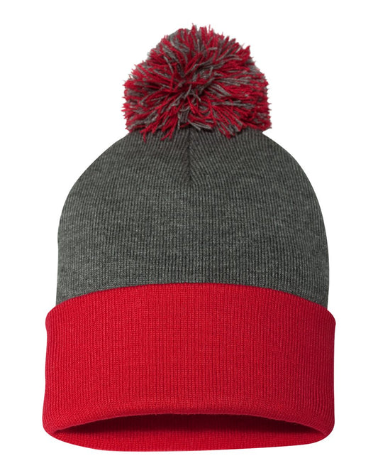 Pom-Pom 12" Knit Beanie - Dark Heather Gray / Red