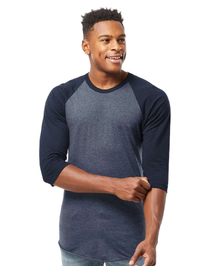 Unisex Fine Jersey Raglan Tee - Heather Denim / Navy