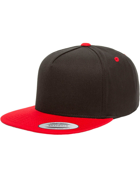 Unisex 5-Panel Cotton Twill Snapback Cap - Black / Red