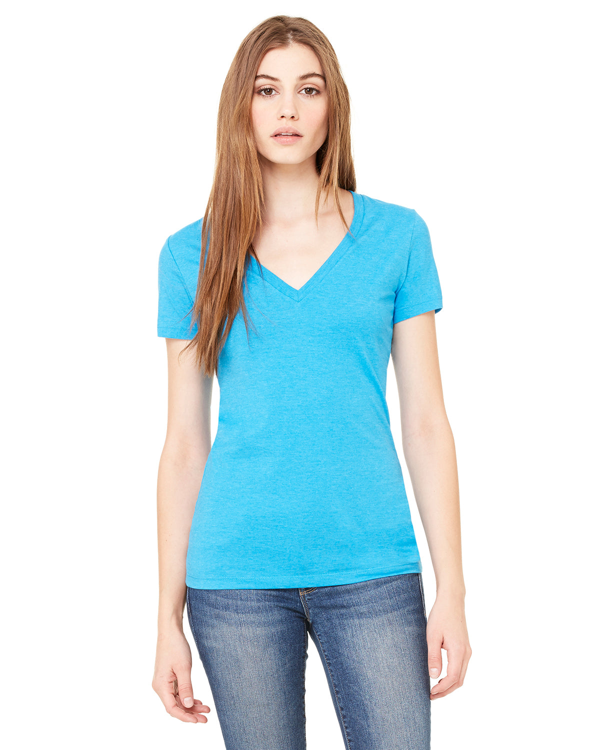 Ladies' Jersey Short-Sleeve Deep V-Neck T-Shirt - Turquoise