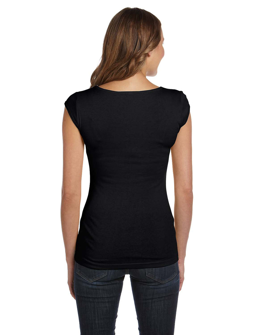 Women's Sheer Mini Rib Cap-Sleeve Deep V-Neck T-Shirt - Black