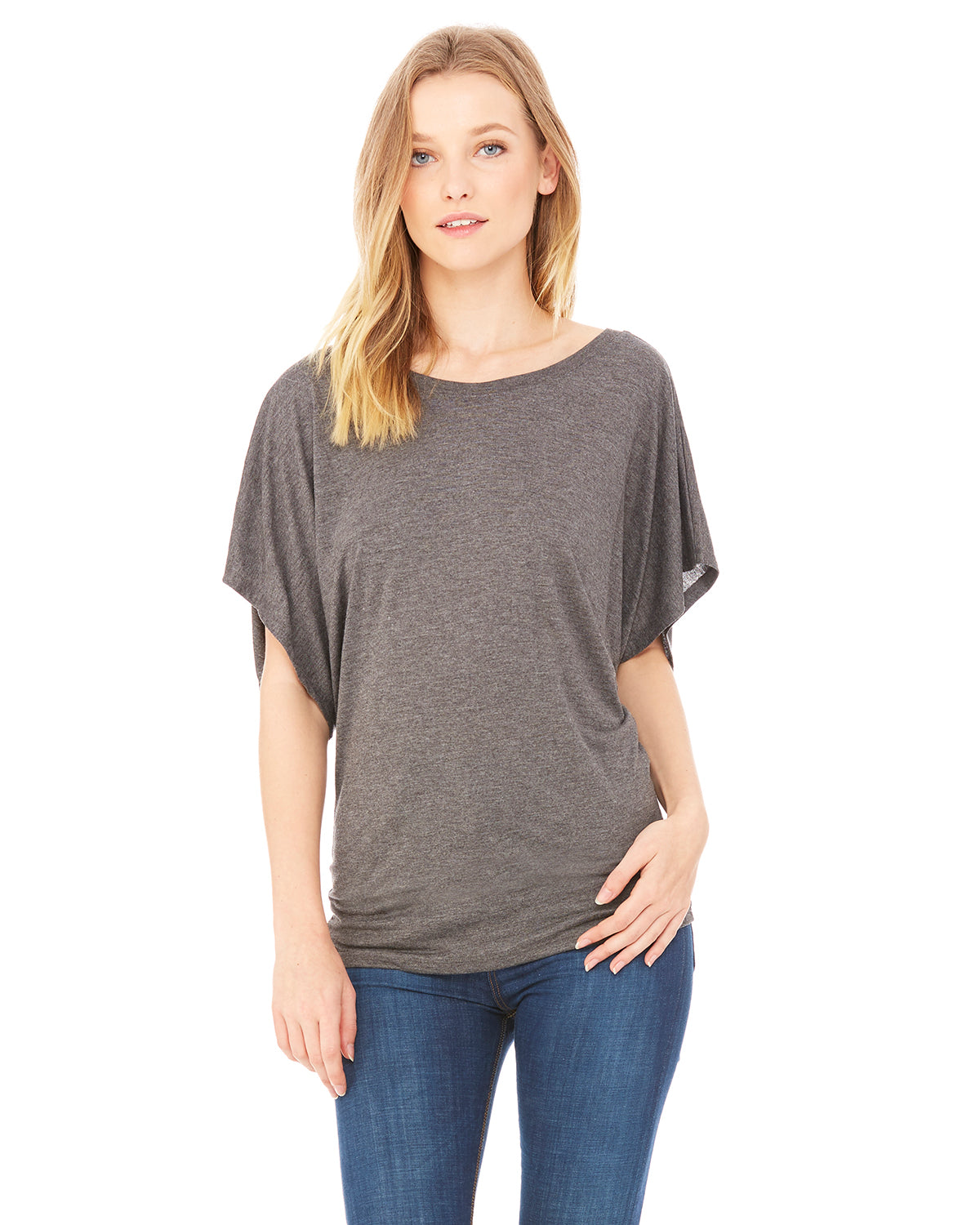 Women's Flowy Draped Sleeve Dolman T-Shirt - Heather Dark Gray