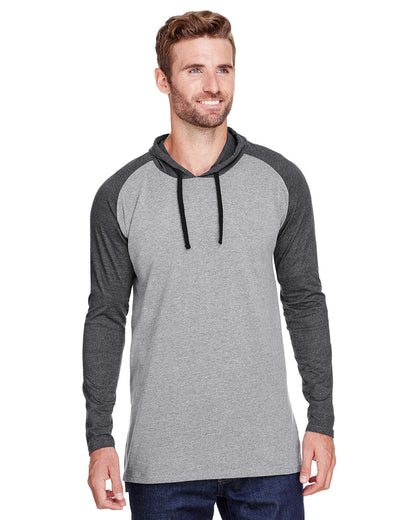 Men's Hooded Raglan Long Sleeve Fine Jersey T-Shirt - Granite Heather / Vintage Smoke / Black