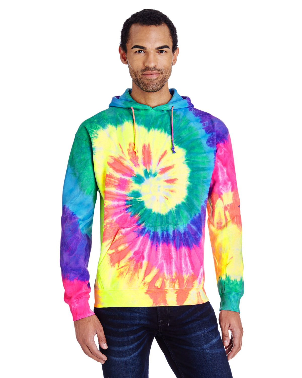 Unisex Tie-Dyed Pullover Hoodie - Neon Rainbow
