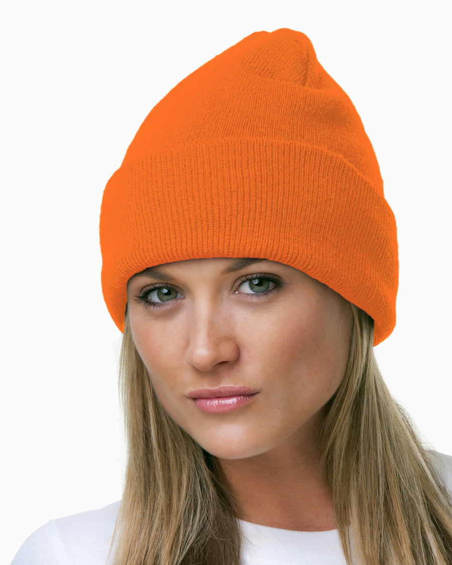 100% Acrylic Knit Cuff Beanie - Bright Orange