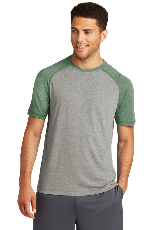 Unisex PosiCharge Tri-Blend Wicking Raglan Tee - Forest Green Heather / Light Gray Heather