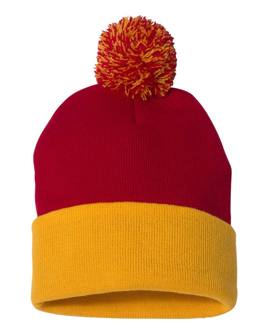 Pom-Pom 12" Knit Beanie - Red / Gold