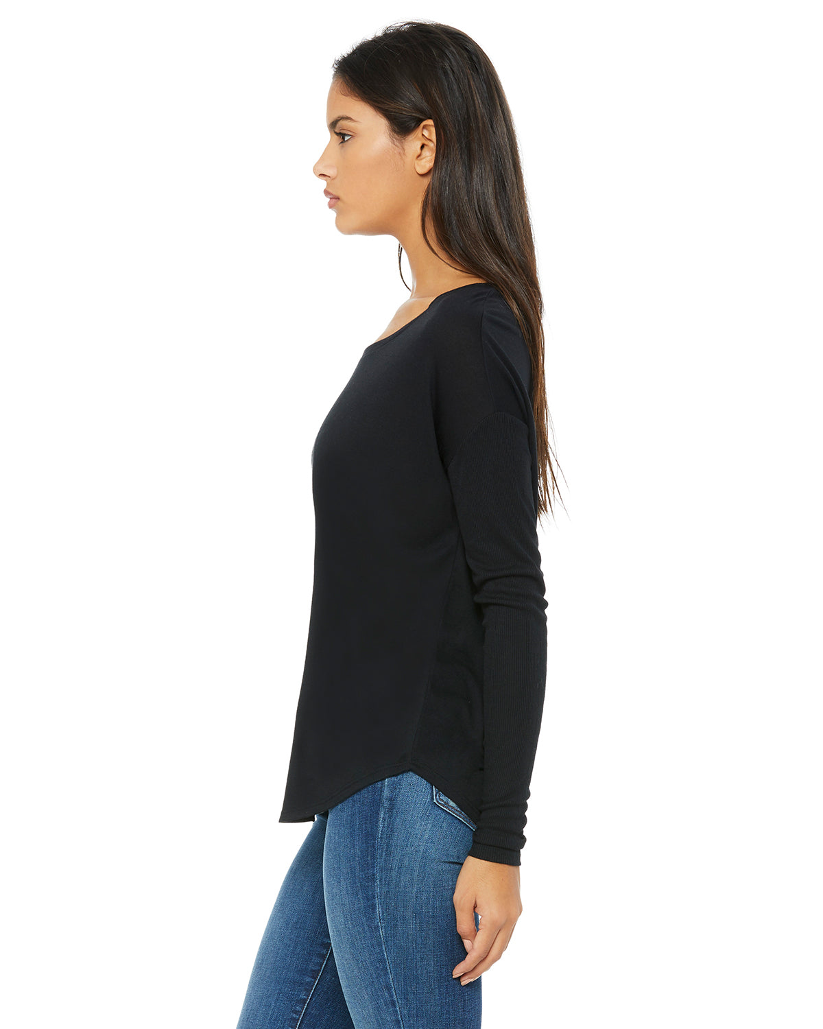 Women's Flowy Long-Sleeve T-Shirt with 2x1 Sleeves - Black