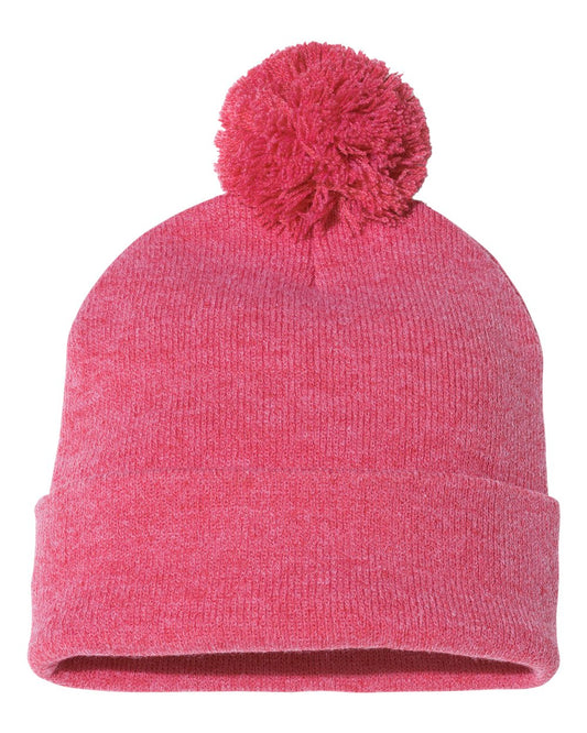 Pom-Pom 12" Knit Beanie - Heather Red