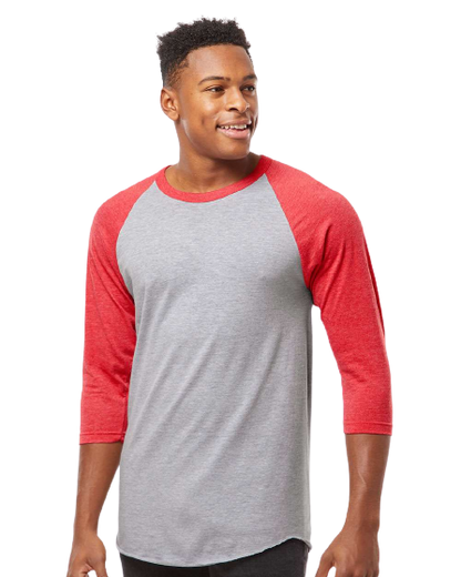 Unisex Fine Jersey Raglan Tee - Heather Gray / Heather Red
