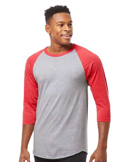 Unisex Fine Jersey Raglan Tee - Heather Gray / Heather Red