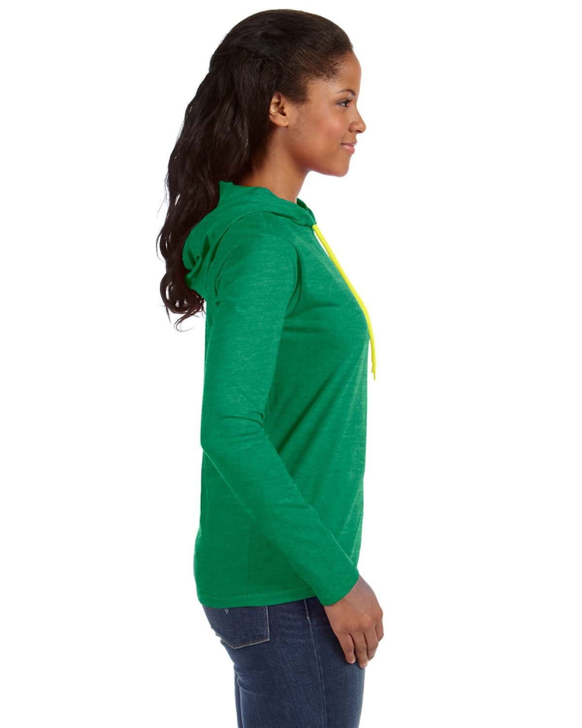 Women's Lightweight Long-Sleeve Hooded T-Shirt - Heather Green / Neon Yellow