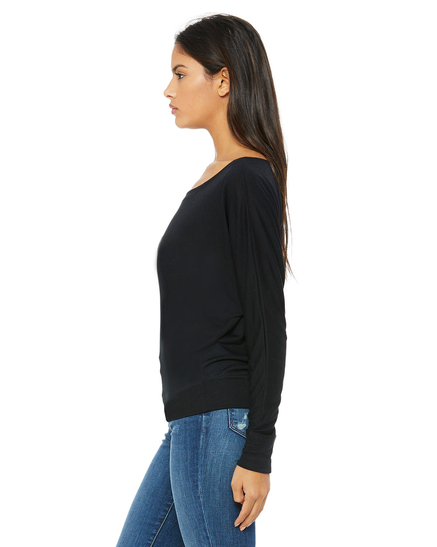 Women's Flowy Long-Sleeve Off Shoulder T-Shirt - Black