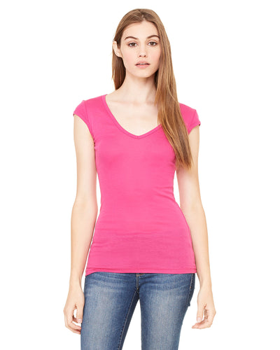 Women's Sheer Mini Rib Cap-Sleeve Deep V-Neck T-Shirt - Berry