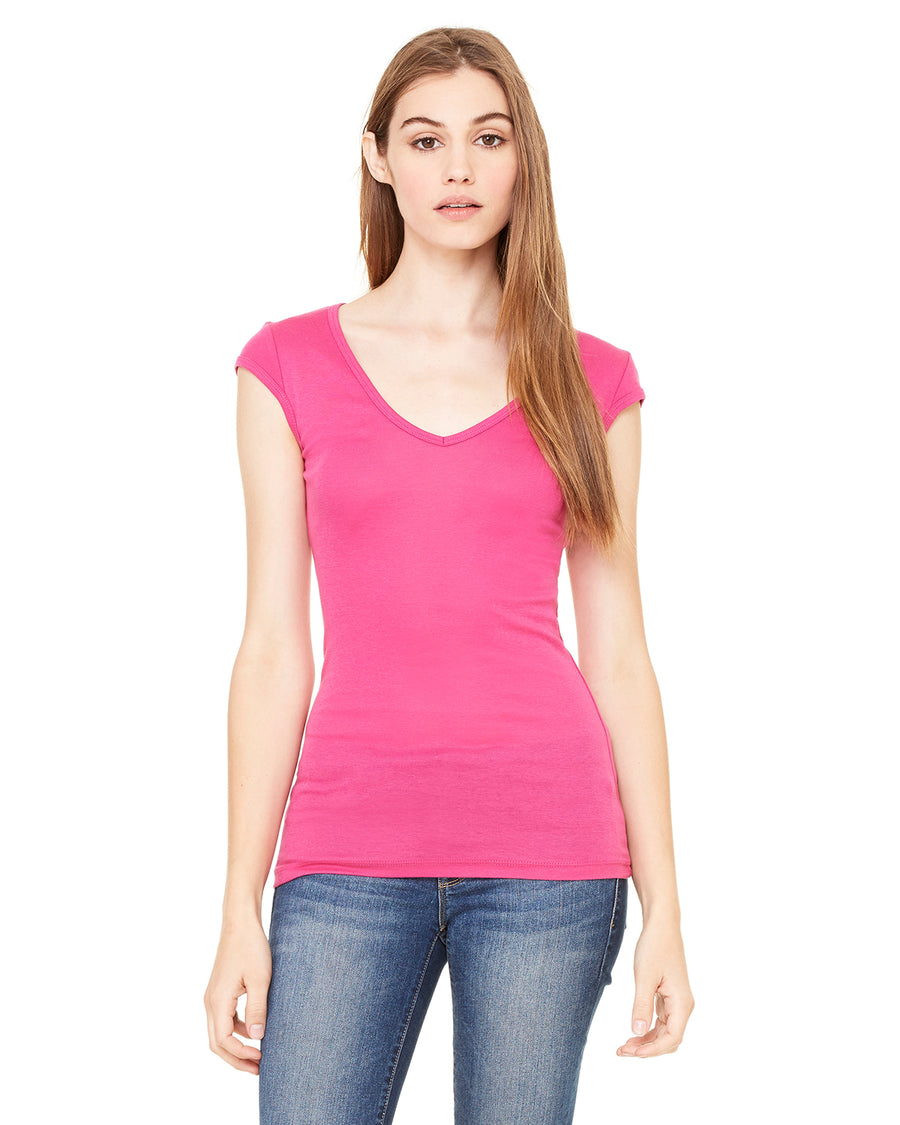 Women's Sheer Mini Rib Cap-Sleeve Deep V-Neck T-Shirt - Berry