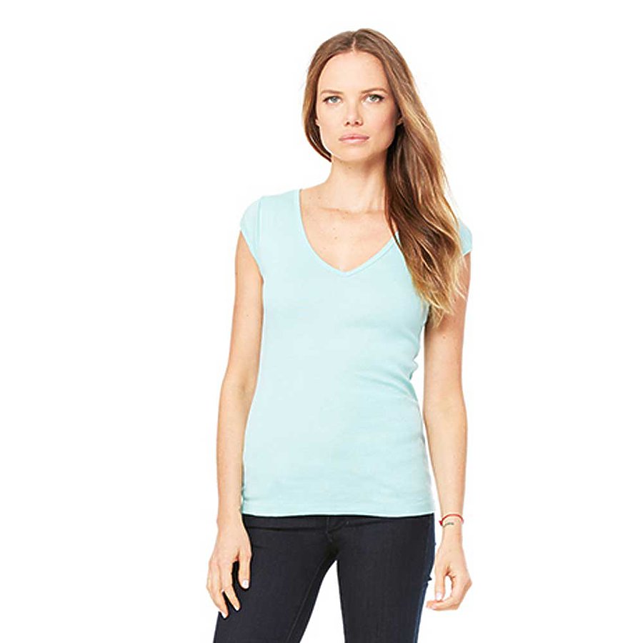 Women's Sheer Mini Rib Cap-Sleeve Deep V-Neck T-Shirt - Seafoam Blue