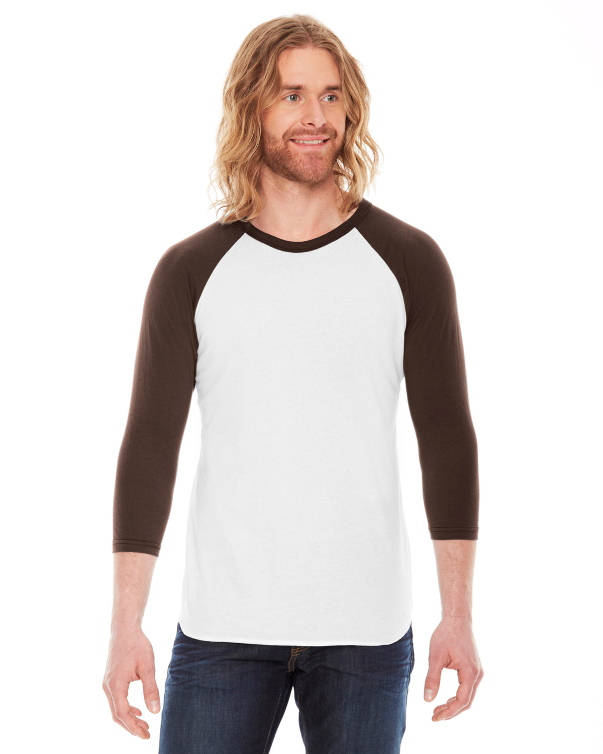 Unisex Poly-Cotton 3/4-Sleeve Raglan T-Shirt - White / Brown