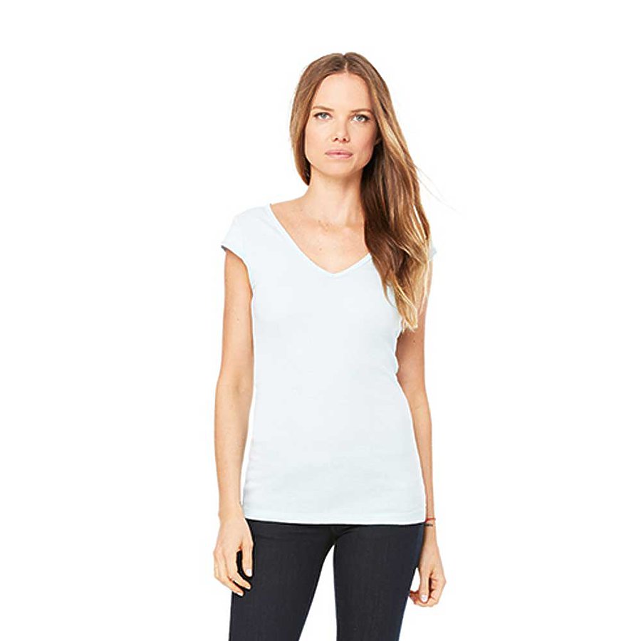 Women's Sheer Mini Rib Cap-Sleeve Deep V-Neck T-Shirt - Pale Blue