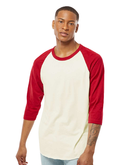 Unisex Fine Jersey Raglan Tee - Vintage White/ Rio Red