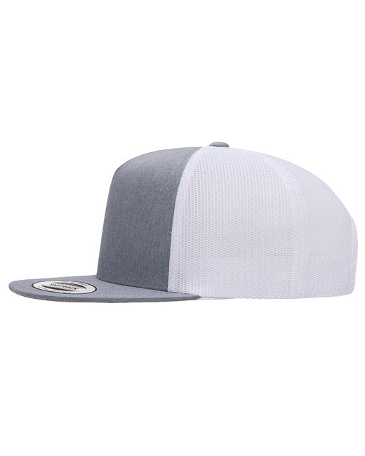 Unisex 5-Panel Flat Bill Trucker Cap - Heather/ White