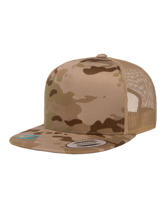 Unisex 5-Panel Flat Bill Trucker Cap - Multicam Arid / Tan